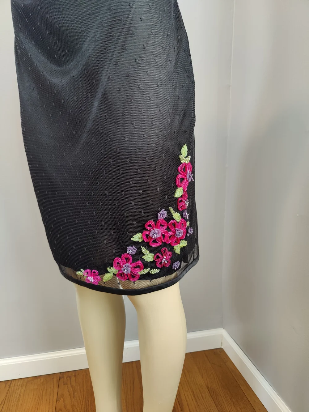 Betsey Johnson Y2K Goth Black Halter Sheath Dress with Pink Floral Embroidery